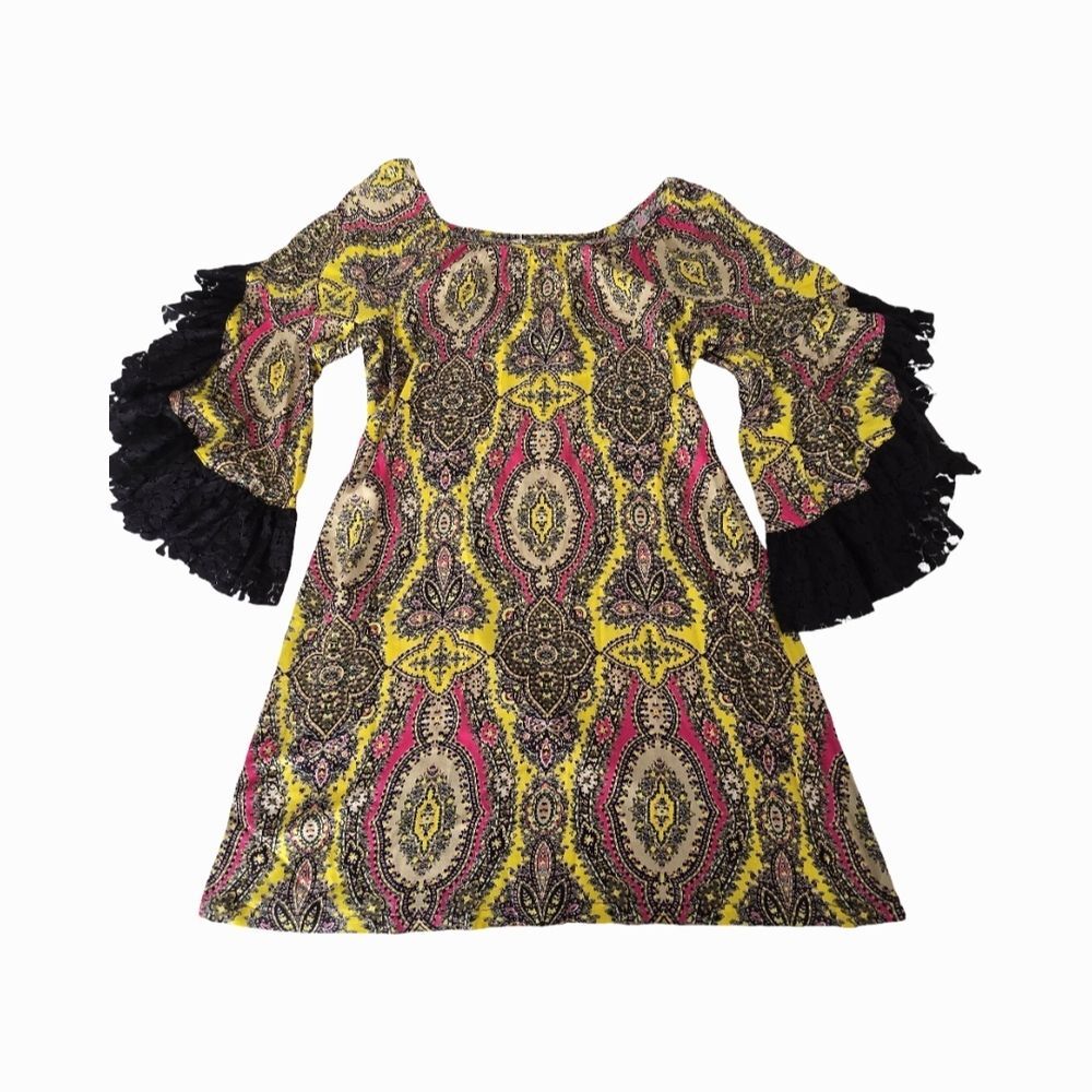 Uncle Frank Boho Paisley Lace Sleeve Dress M Yellow Pink Festival - Picture 11 of 13